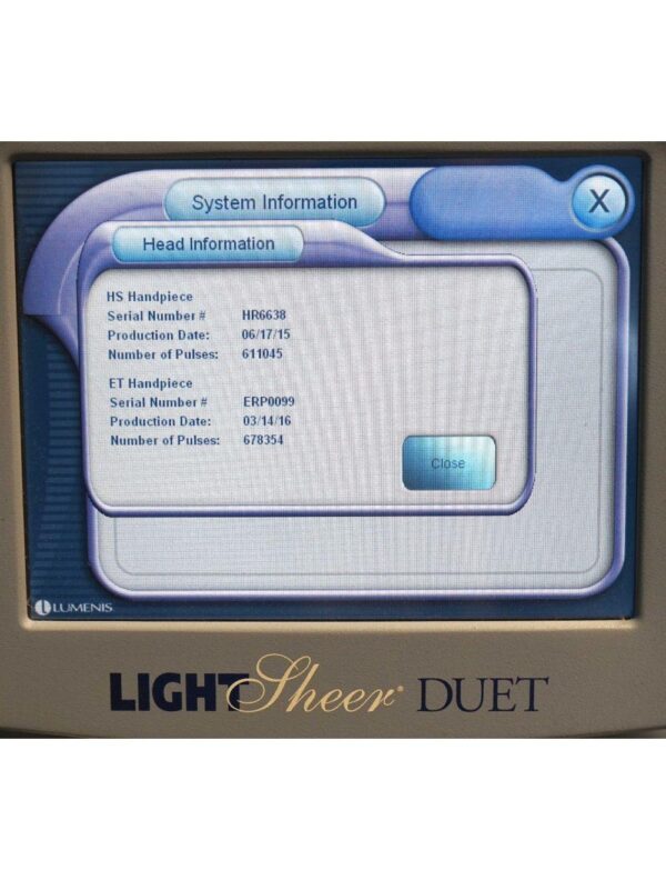 2009 Lumenis LightSheer Duet Laser ET HS 9x9mm 22x35mm Hair Removal Light Sheer