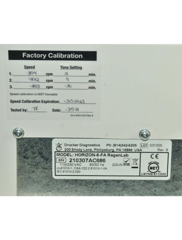 Drucker Diagnostics RegenLab PRP Centrifuge Horizon-6-FA 3500 RPM Regen Lab