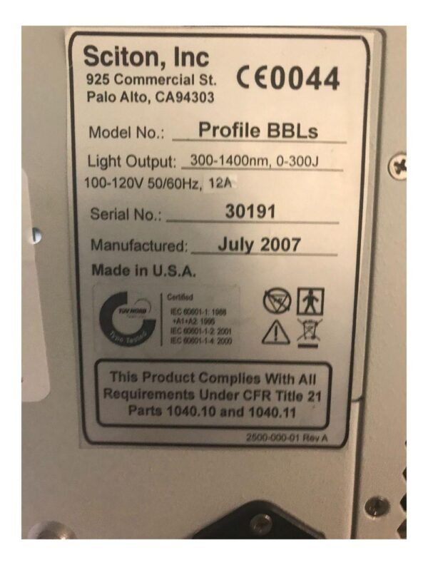 2007 Sciton BBLs Laser Broad Band Light Pigment HR Vascular BBL IPL LOW SHOTS