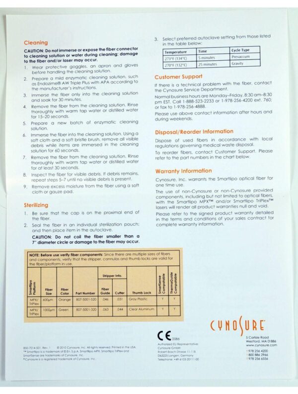 Cynosure SmartLipo 1000um Fiber RFID 1400 OD Single Green 807-5001-319 (5 Pack)